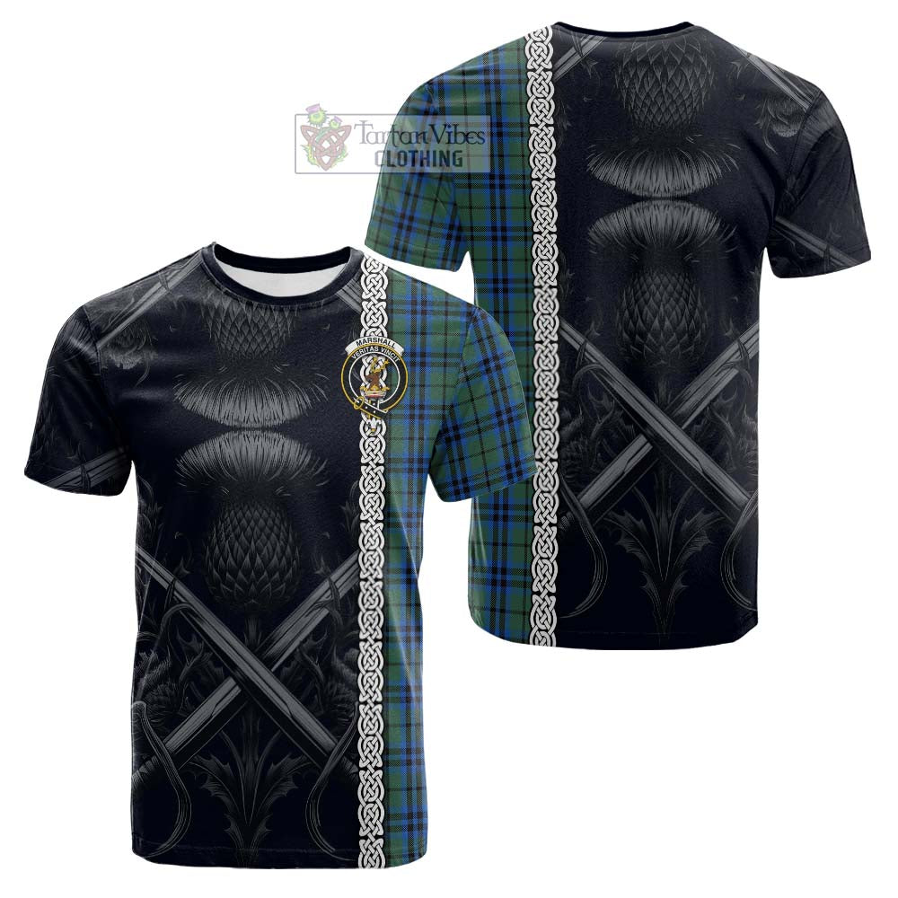 Tartan Vibes Clothing Marshall Tartan Cotton T-shirt with Family Crest Cross Sword Thistle Celtic Vibes