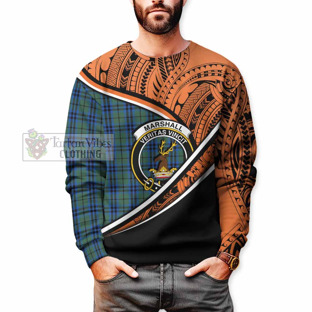 Tartan Vibes Clothing Marshall Crest Tartan Sweatshirt with Maori Tattoo Style - Orange Version