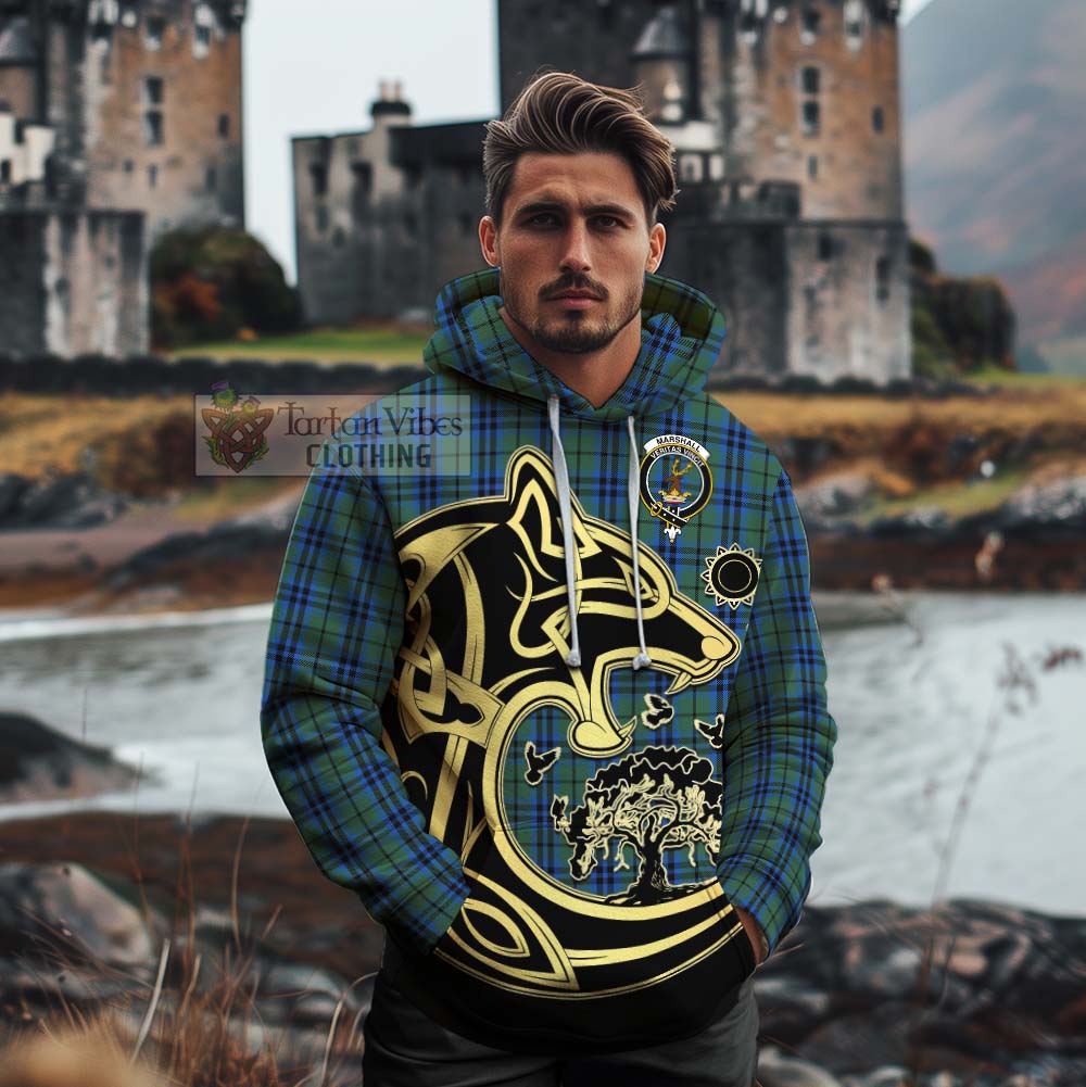 Tartan Vibes Clothing Marshall Tartan Cotton Hoodie with Family Crest Celtic Wolf Style