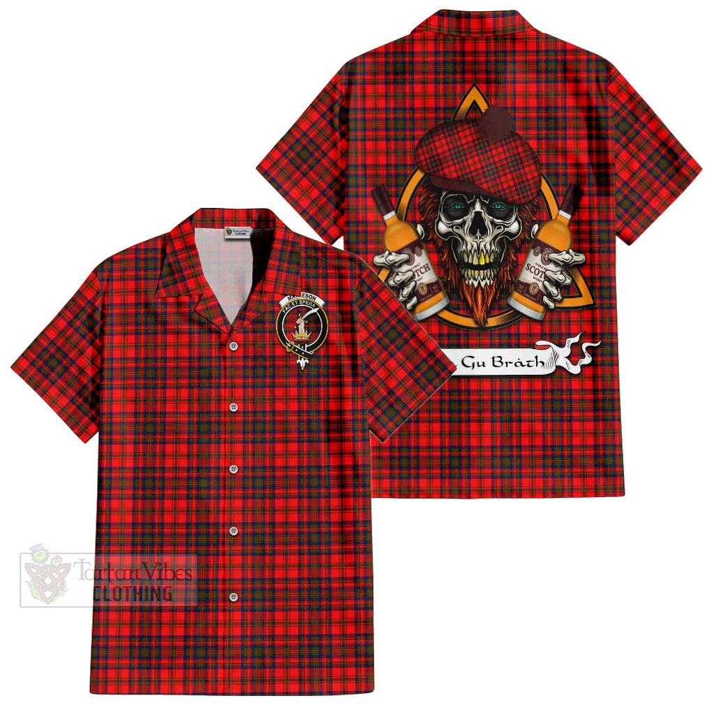 Tartan Vibes Clothing Matheson Tartan Short Sleeve Button Shirt with Family Crest and Bearded Skull Holding Bottles of Whiskey