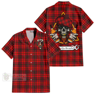 Matheson Tartan Short Sleeve Button Shirt with Family Crest and Bearded Skull Holding Bottles of Whiskey