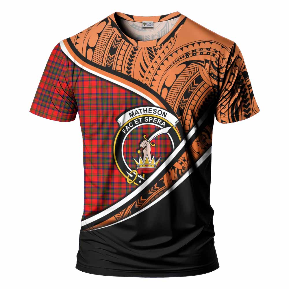 Tartan Vibes Clothing Matheson Crest Tartan T-Shirt with Maori Tattoo Style - Orange Version