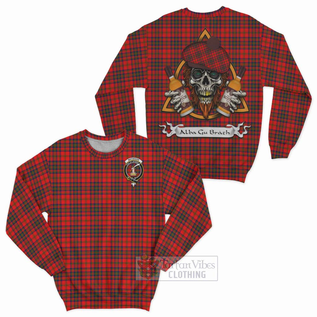 Tartan Vibes Clothing Matheson Tartan Sweatshirt with Family Crest and Bearded Skull Holding Bottles of Whiskey