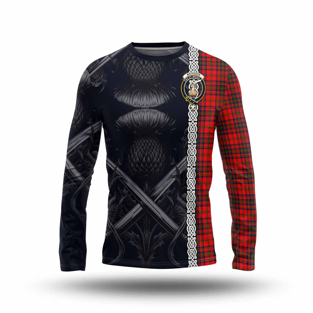 Tartan Vibes Clothing Matheson Tartan Long Sleeve T-Shirt with Family Crest Cross Sword Thistle Celtic Vibes