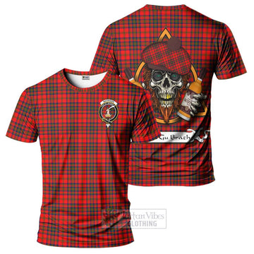 Matheson Tartan T-Shirt with Family Crest and Bearded Skull Holding Bottles of Whiskey