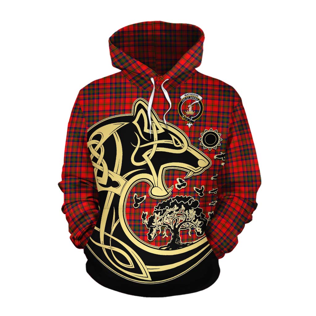 Tartan Vibes Clothing Matheson Tartan Cotton Hoodie with Family Crest Celtic Wolf Style