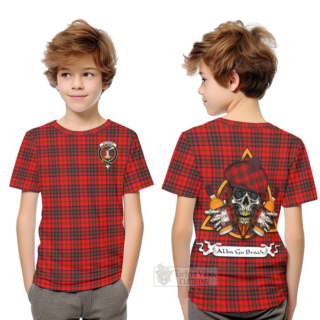 Tartan Vibes Clothing Matheson Tartan Kid T-Shirt with Family Crest and Bearded Skull Holding Bottles of Whiskey