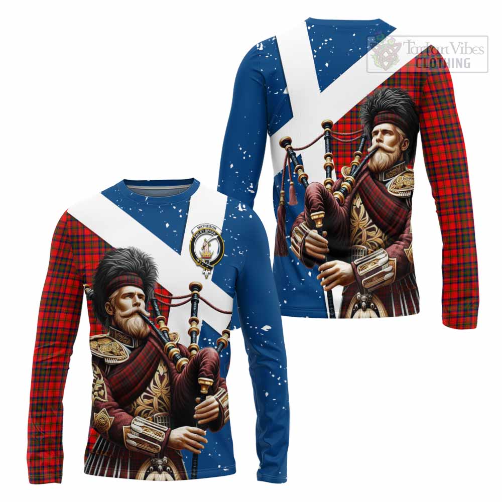 Tartan Vibes Clothing Matheson Tartan Long Sleeve T-Shirt with Family Crest Scottish Bagpiper Vibes