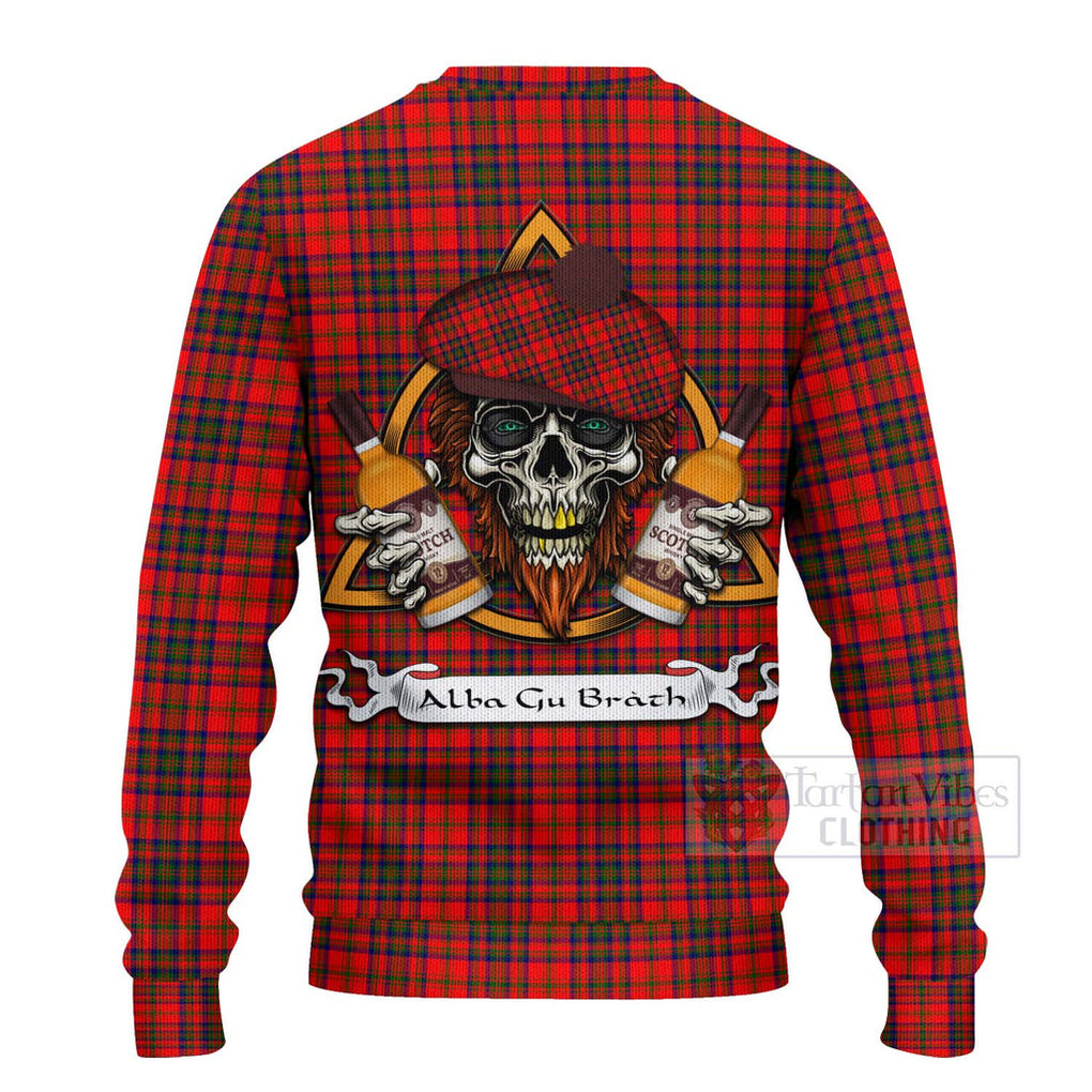 Tartan Vibes Clothing Matheson Tartan Knitted Sweater with Family Crest and Bearded Skull Holding Bottles of Whiskey