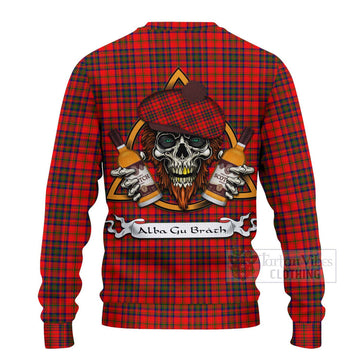 Matheson Tartan Ugly Sweater with Family Crest and Bearded Skull Holding Bottles of Whiskey