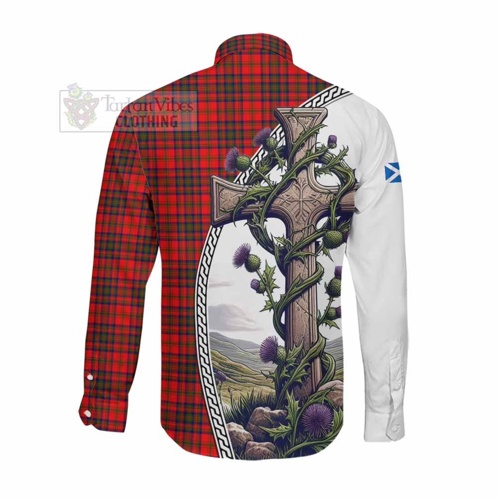 Matheson Tartan Long Sleeve Button Shirt with Family Crest and St. Andrew's Cross Accented by Thistle Vines Men's Shirt - Tartan Vibes Clothing