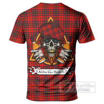 Matheson Tartan T-Shirt with Family Crest and Bearded Skull Holding Bottles of Whiskey