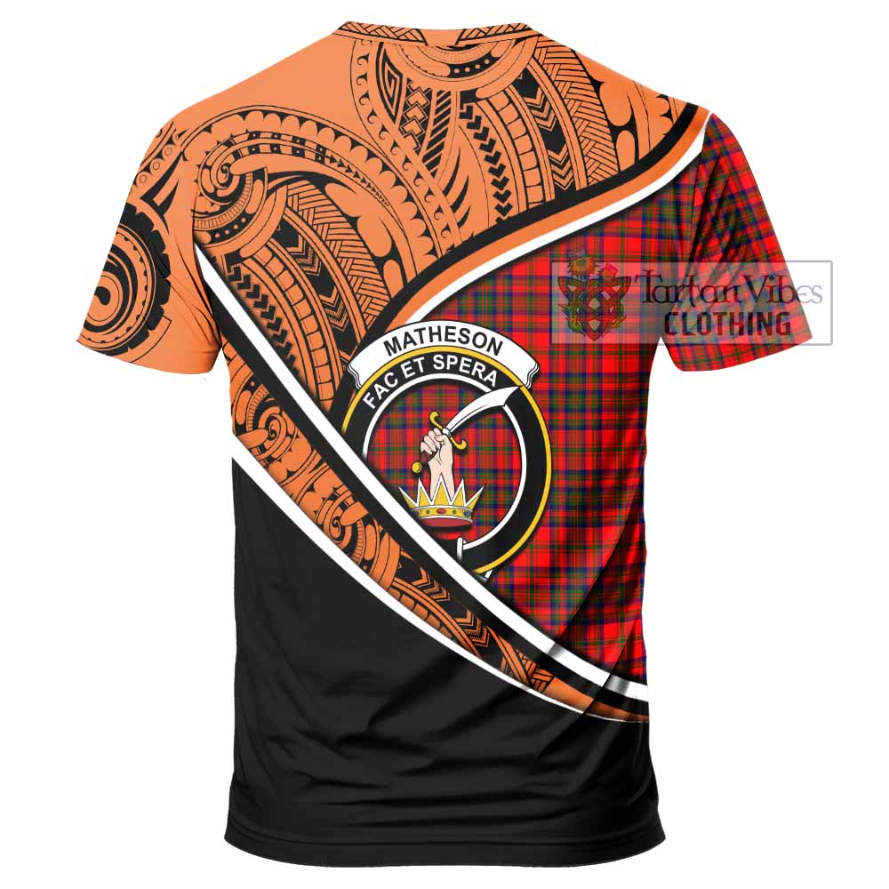 Tartan Vibes Clothing Matheson Crest Tartan T-Shirt with Maori Tattoo Style - Orange Version