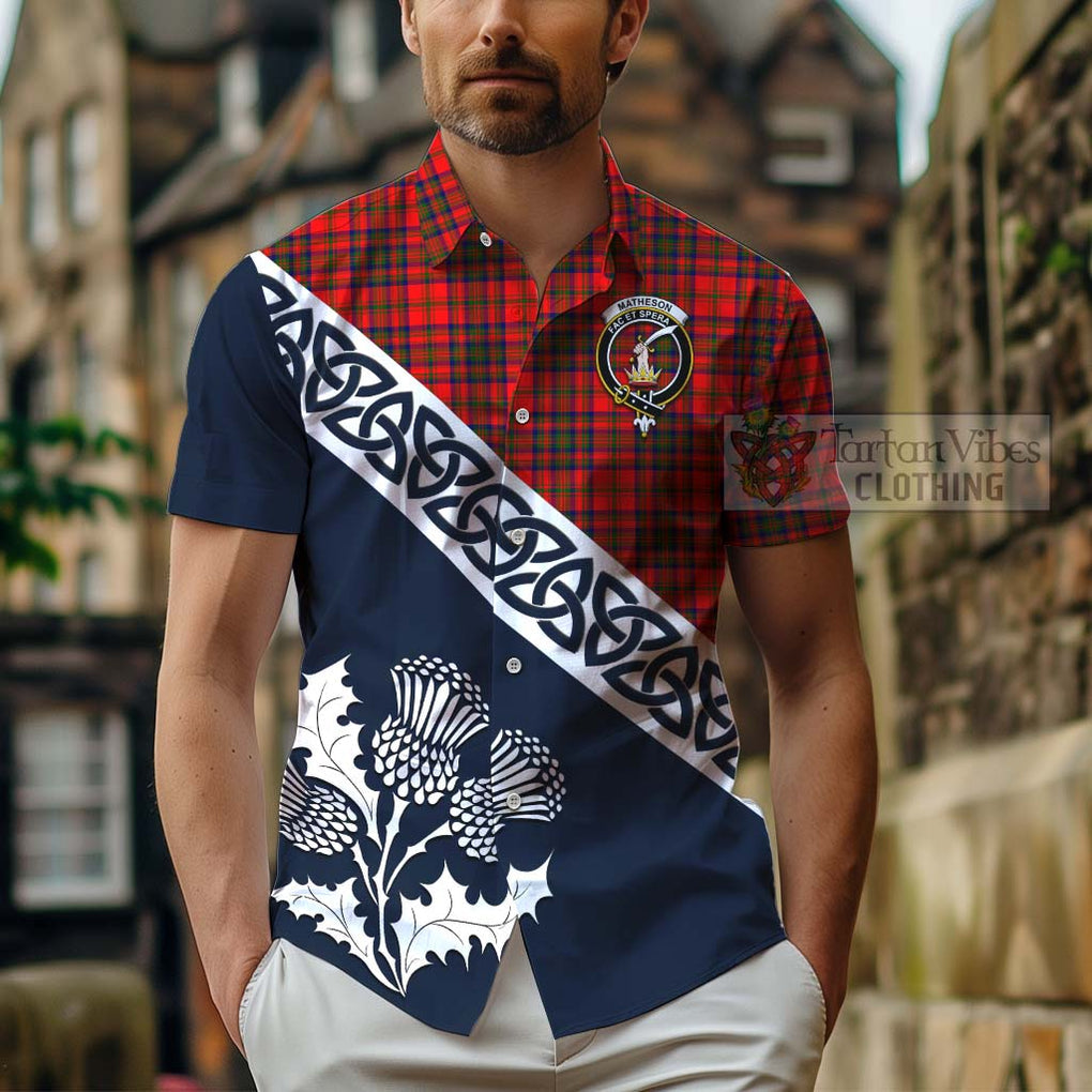 Tartan Vibes Clothing Matheson Tartan Short Sleeve Button Shirt Featuring Thistle and Scotland Map