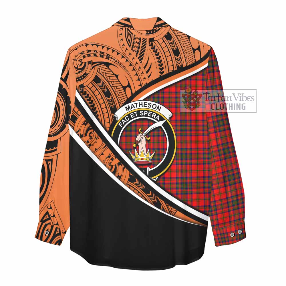 Tartan Vibes Clothing Matheson Crest Tartan Women's Casual Shirt with Maori Tattoo Style - Orange Version