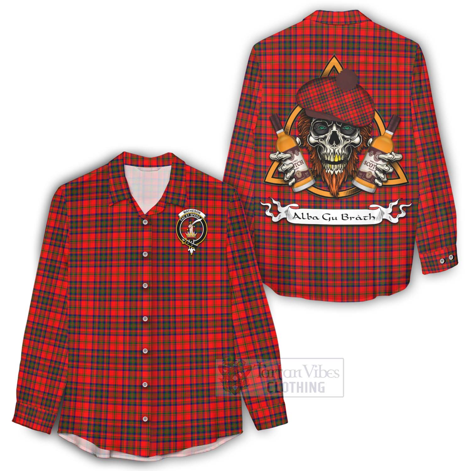 Tartan Vibes Clothing Matheson Tartan Women's Casual Shirt with Family Crest and Bearded Skull Holding Bottles of Whiskey