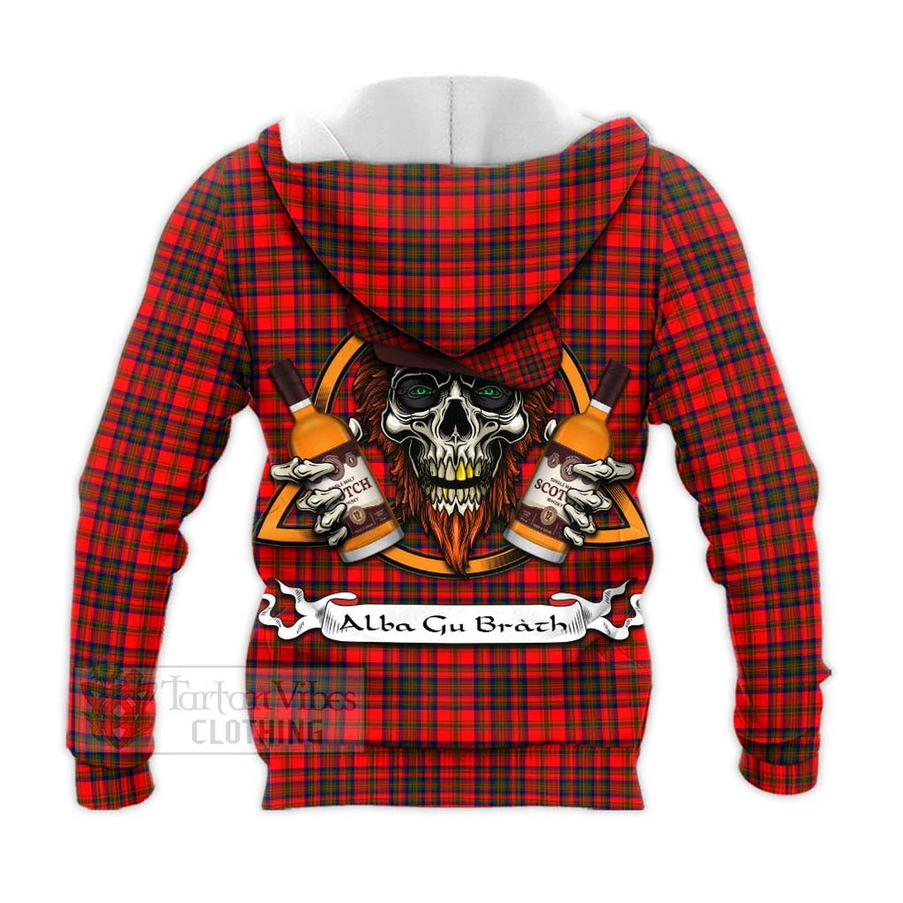 Tartan Vibes Clothing Matheson Tartan Knitted Hoodie with Family Crest and Bearded Skull Holding Bottles of Whiskey