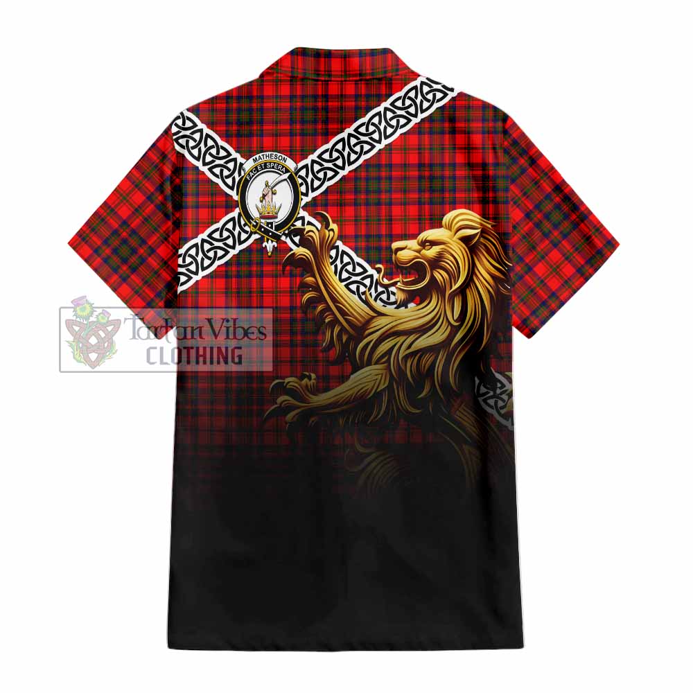 Matheson Crest Tartan Hawaiian Shirt with Golden Lion Emblem Celtic Style - Tartan Vibes Clothing
