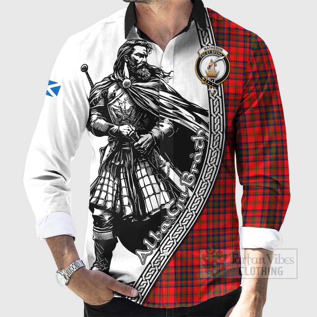 Tartan Vibes Clothing Matheson Tartan Clan Crest Long Sleeve Button Shirt with Highlander Warrior Celtic Style