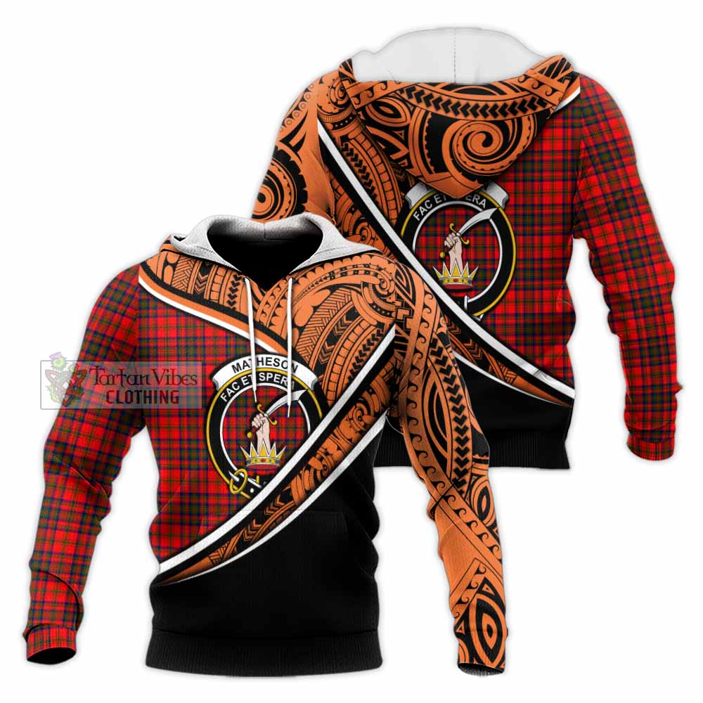 Tartan Vibes Clothing Matheson Crest Tartan Knitted Hoodie with Maori Tattoo Style - Orange Version