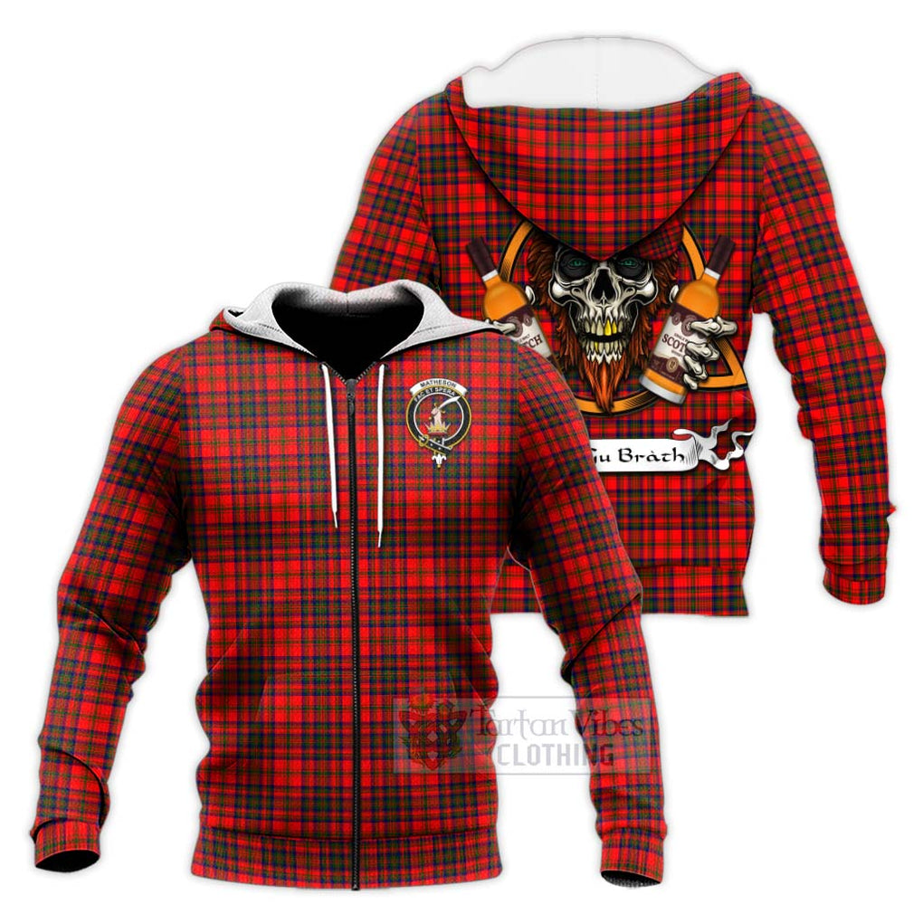 Tartan Vibes Clothing Matheson Tartan Knitted Hoodie with Family Crest and Bearded Skull Holding Bottles of Whiskey