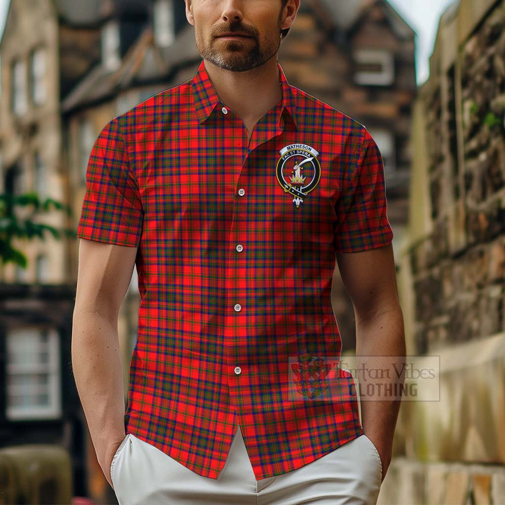 Tartan Vibes Clothing Matheson Tartan Short Sleeve Button Shirt with Family Crest Celtic Skull Style