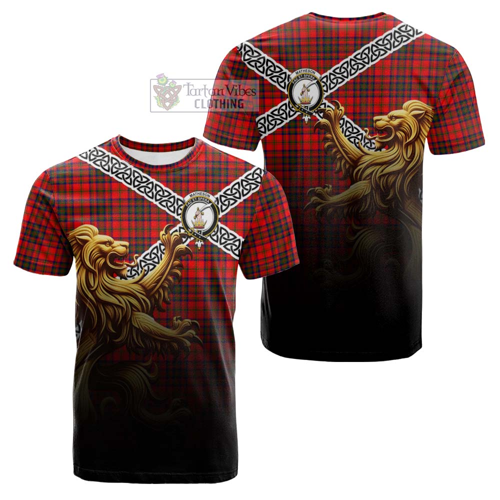 Matheson Crest Tartan Cotton T-shirt with Golden Lion Emblem Celtic Style - Tartan Vibes Clothing