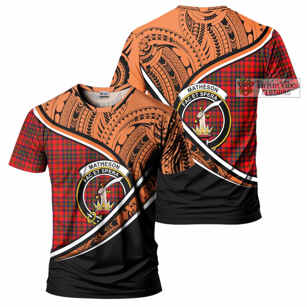 Tartan Vibes Clothing Matheson Crest Tartan T-Shirt with Maori Tattoo Style - Orange Version