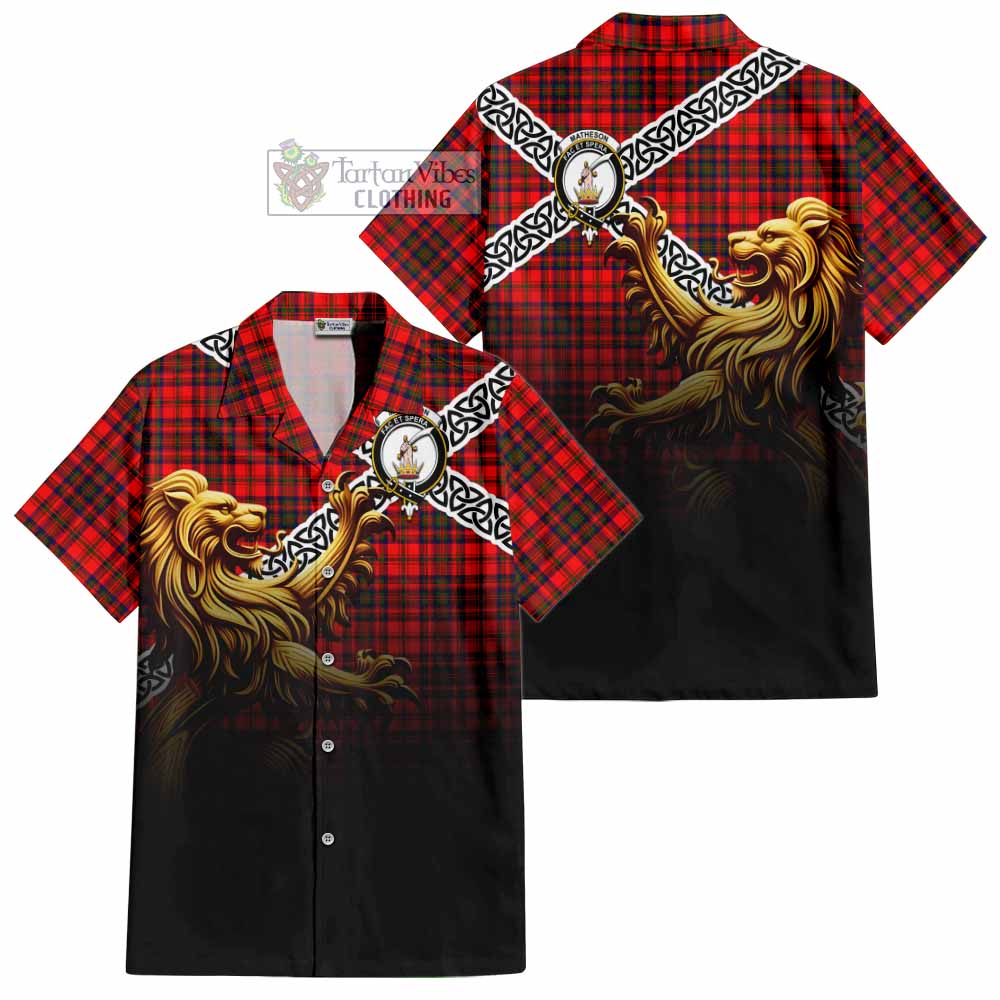 Matheson Crest Tartan Hawaiian Shirt with Golden Lion Emblem Celtic Style - Tartan Vibes Clothing