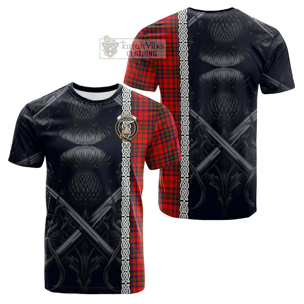 Matheson Tartan Cotton T-shirt with Family Crest Cross Sword Thistle Celtic Vibes - Tartan Vibes Clothing