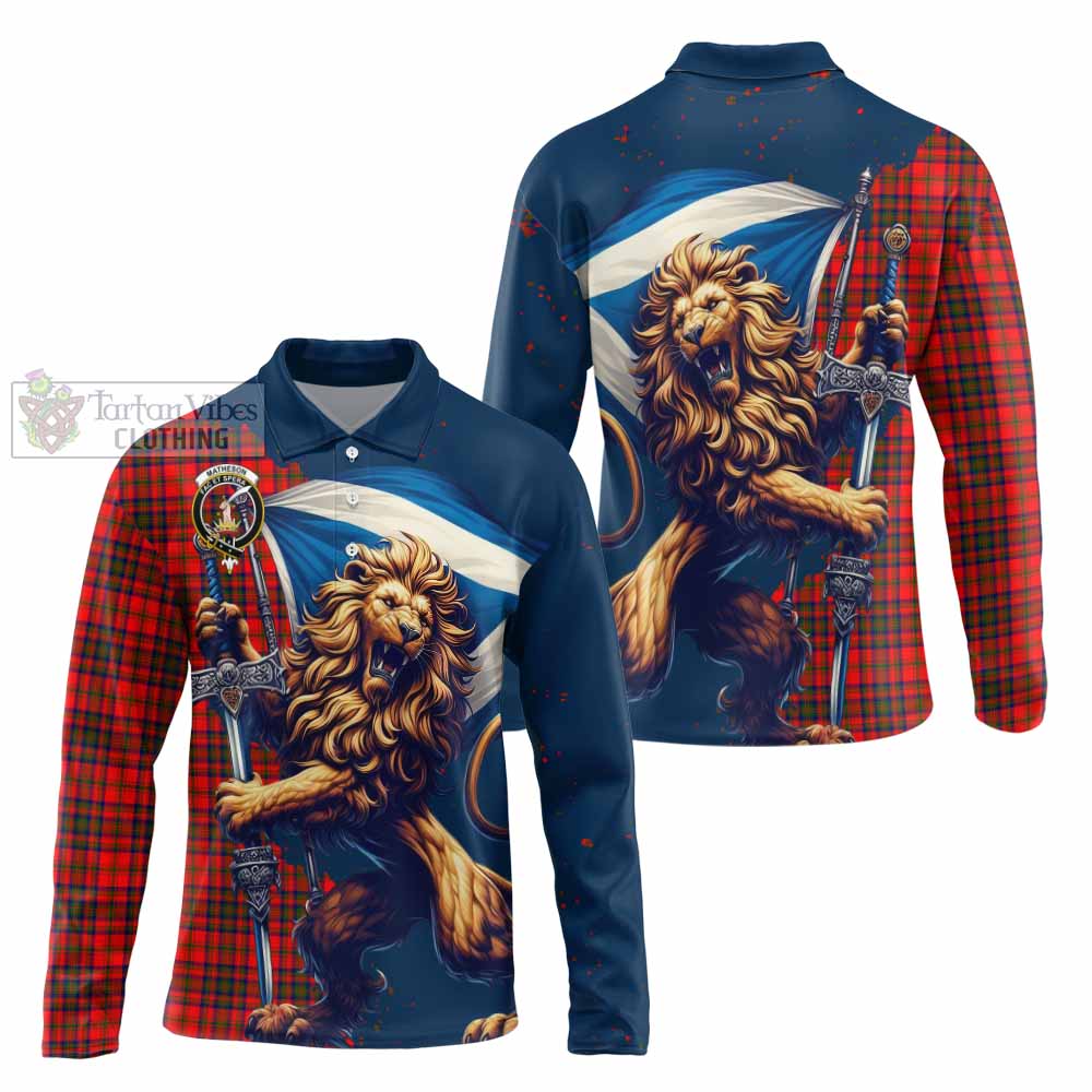 Tartan Vibes Clothing Matheson Tartan Family Crest Long Sleeve Polo Shirt with Scottish Majestic Lion