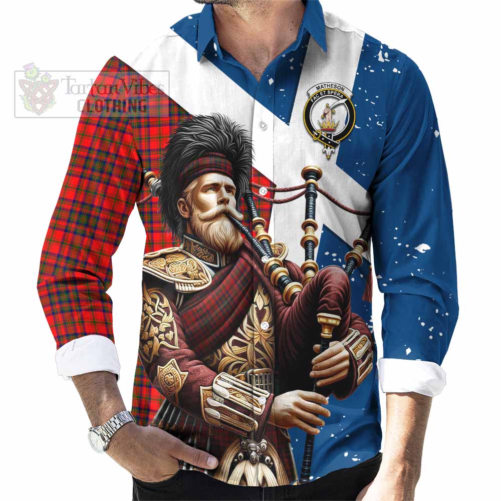 Tartan Vibes Clothing Matheson Tartan Long Sleeve Button Shirt with Family Crest Scottish Bagpiper Vibes