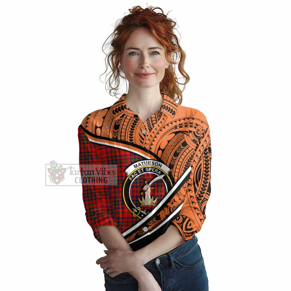 Tartan Vibes Clothing Matheson Crest Tartan Women's Casual Shirt with Maori Tattoo Style - Orange Version