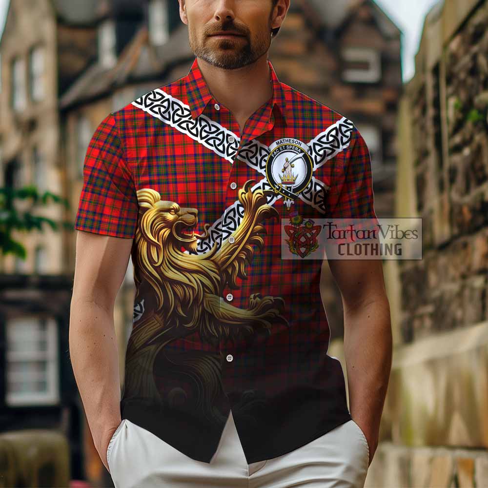 Matheson Crest Tartan Hawaiian Shirt with Golden Lion Emblem Celtic Style - Tartan Vibes Clothing