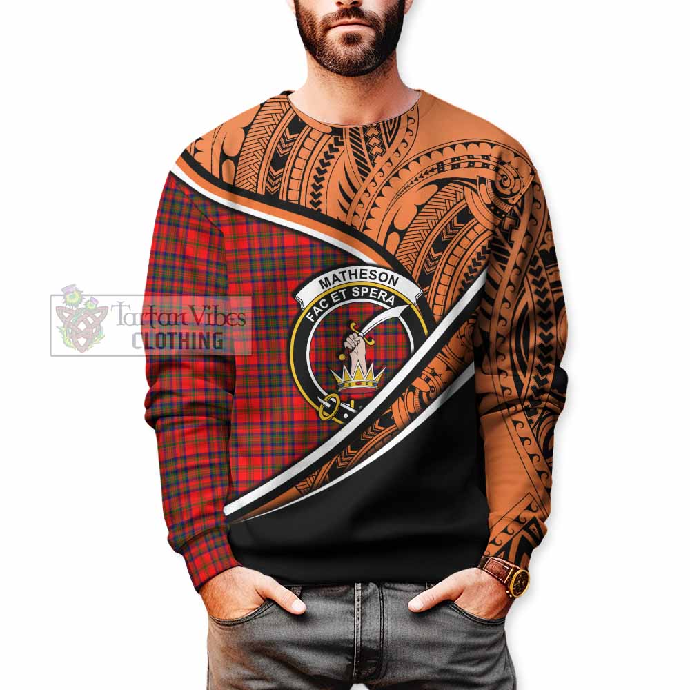 Tartan Vibes Clothing Matheson Crest Tartan Sweatshirt with Maori Tattoo Style - Orange Version