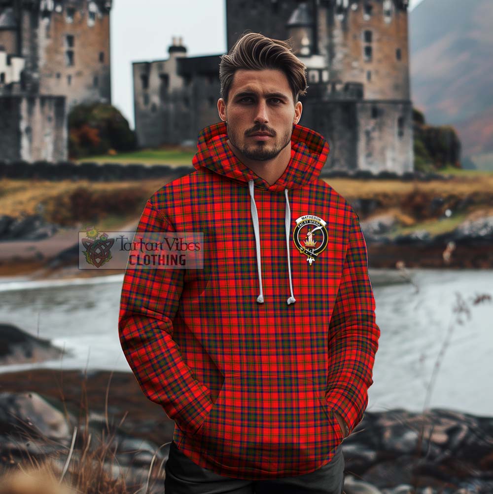 Tartan Vibes Clothing Matheson Tartan Cotton Hoodie with Family Crest and Bearded Skull Holding Bottles of Whiskey