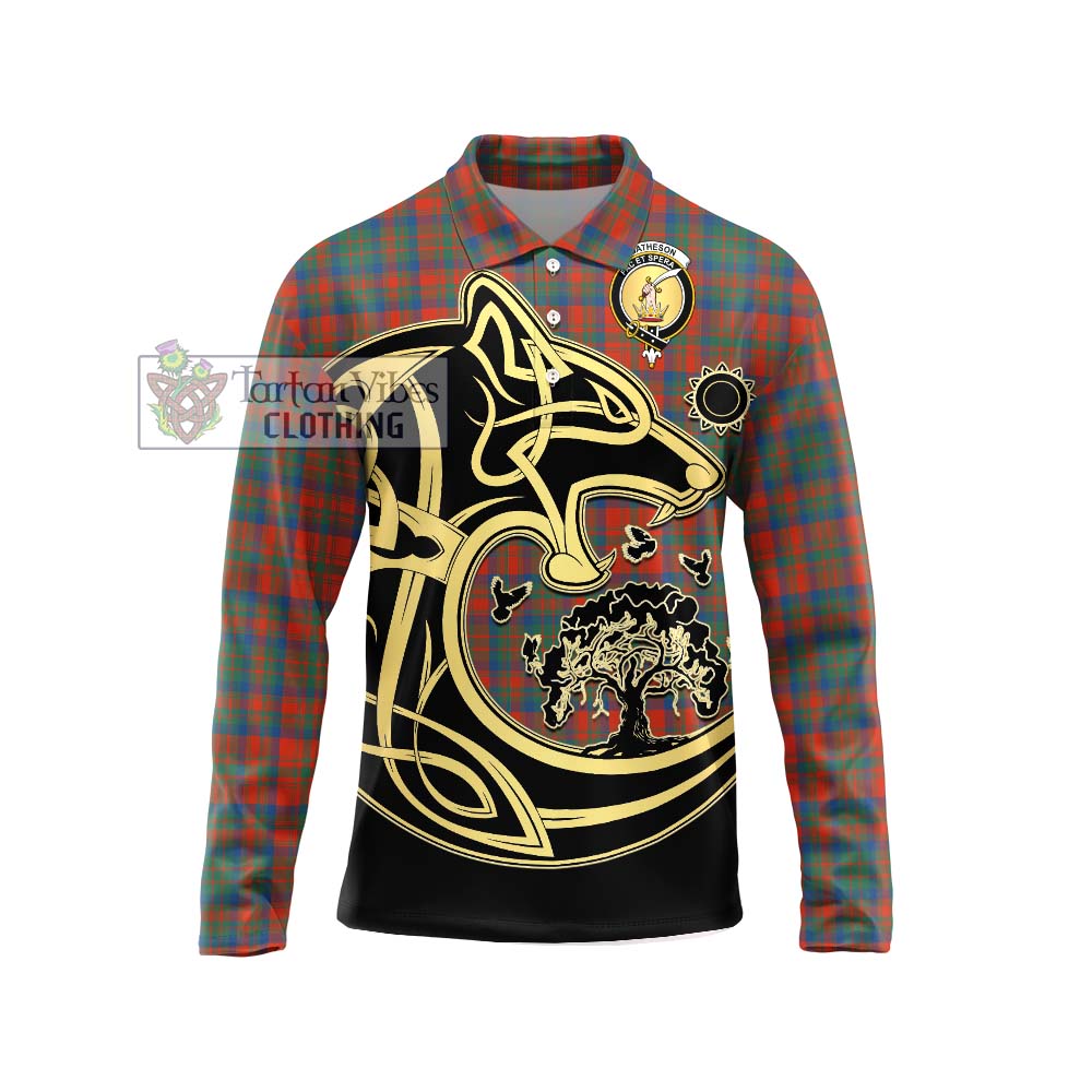 Matheson Ancient Tartan Long Sleeve Polo Shirt with Family Crest Celtic Wolf Style Unisex - Tartanvibesclothing Shop