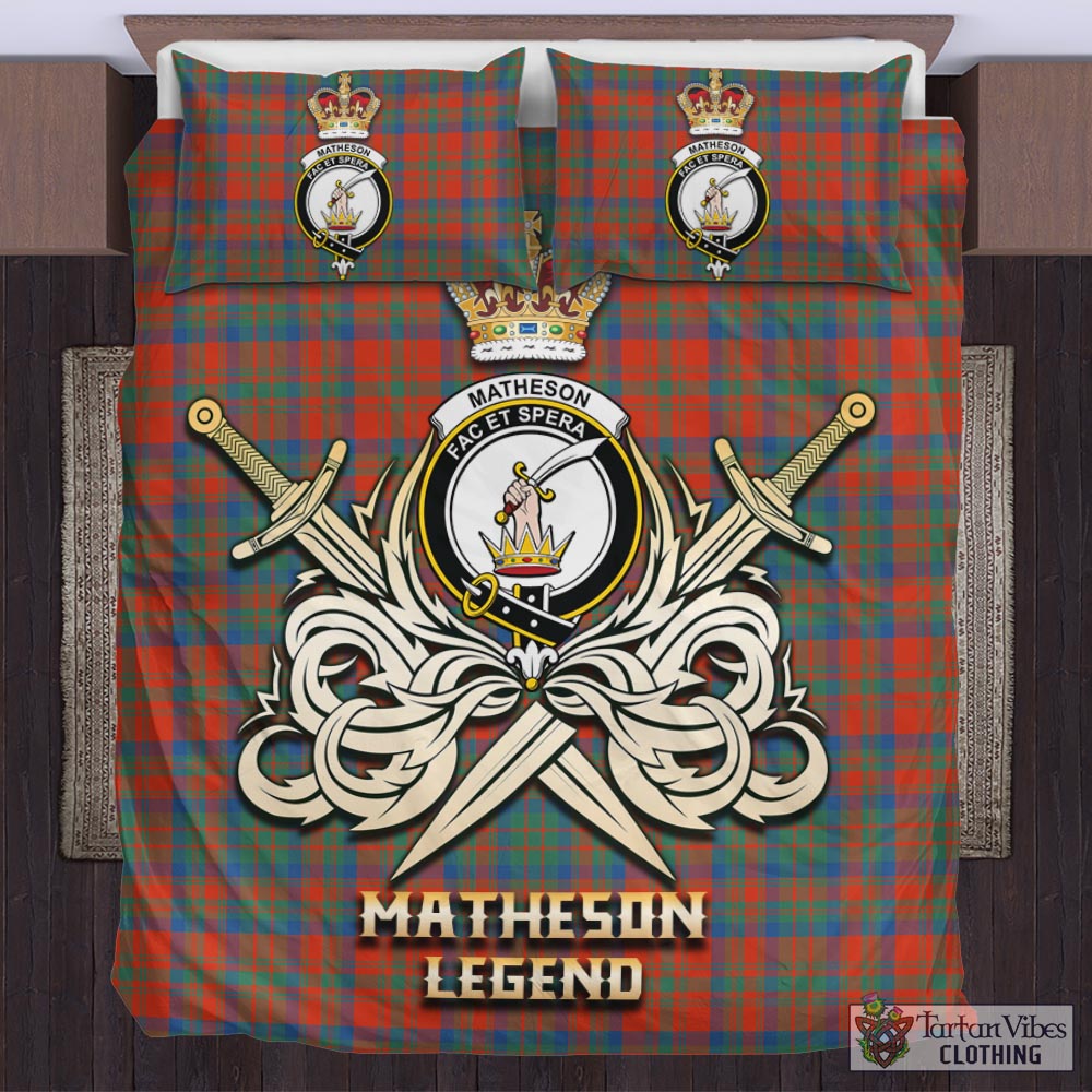 Tartan Vibes Clothing Matheson Ancient Tartan Bedding Set with Clan Crest and the Golden Sword of Courageous Legacy