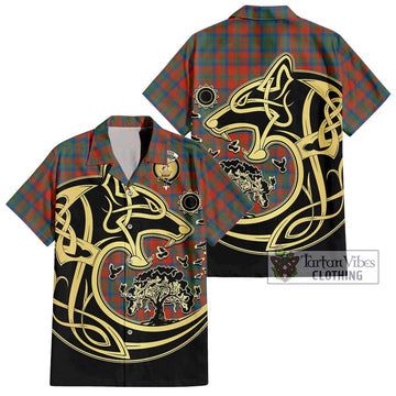 Matheson Ancient Tartan Short Sleeve Button Shirt with Family Crest Celtic Wolf Style