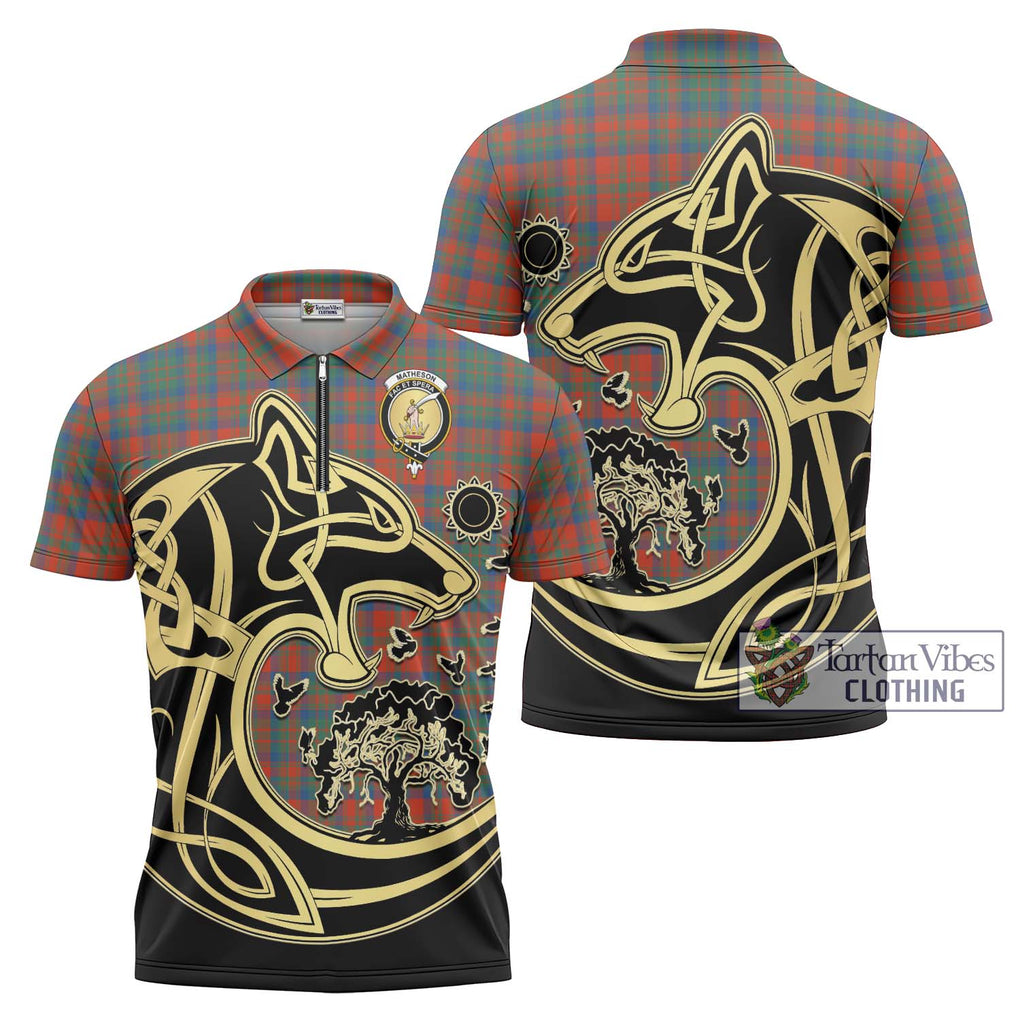 Matheson Ancient Tartan Zipper Polo Shirt with Family Crest Celtic Wolf Style Unisex - Tartanvibesclothing Shop