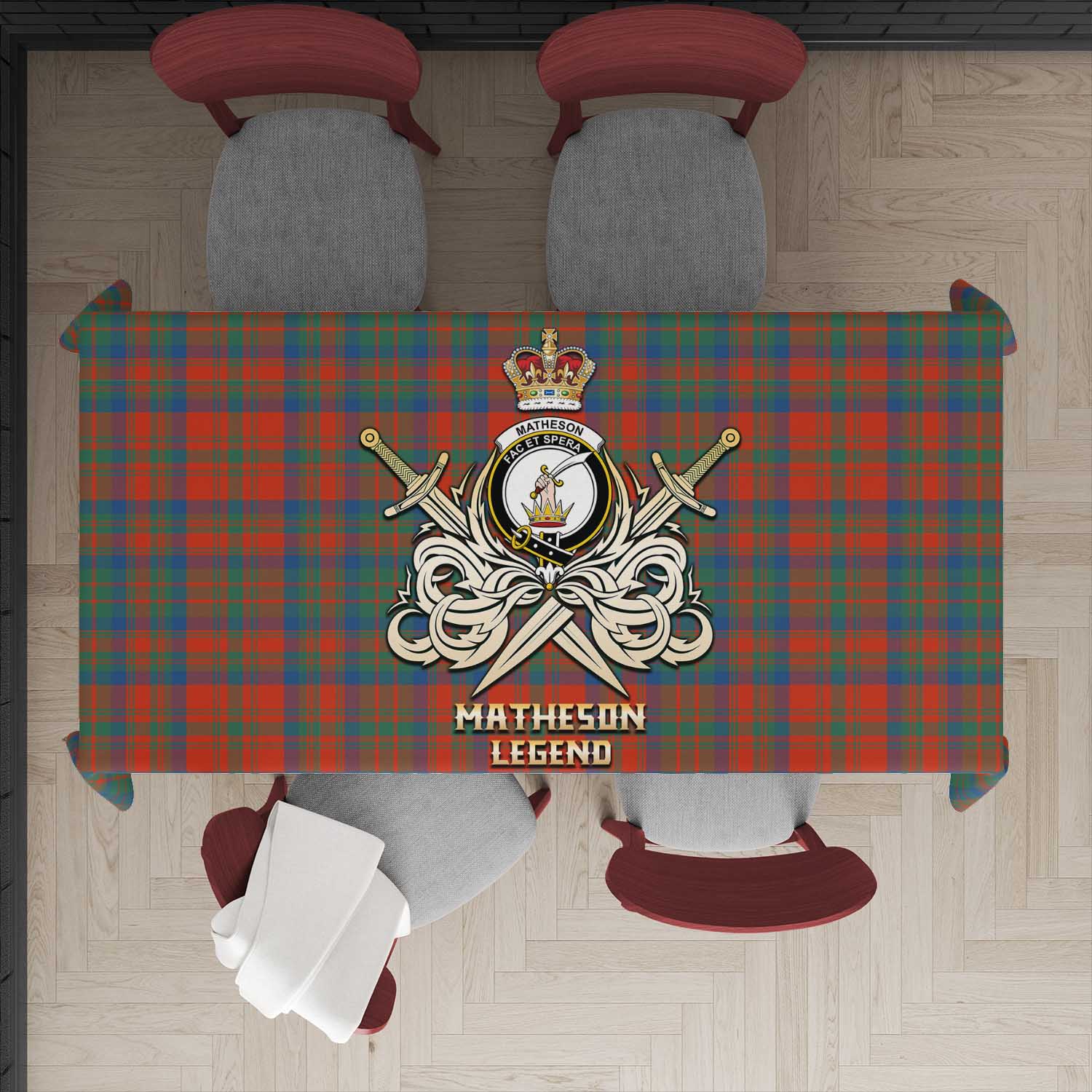 Tartan Vibes Clothing Matheson Ancient Tartan Tablecloth with Clan Crest and the Golden Sword of Courageous Legacy