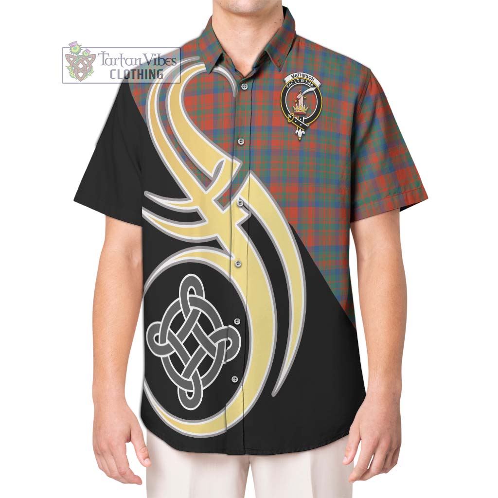 Matheson Ancient Tartan Short Sleeve Button Shirt with Family Crest and Celtic Symbol Style Kid - Tartan Vibes Clothing