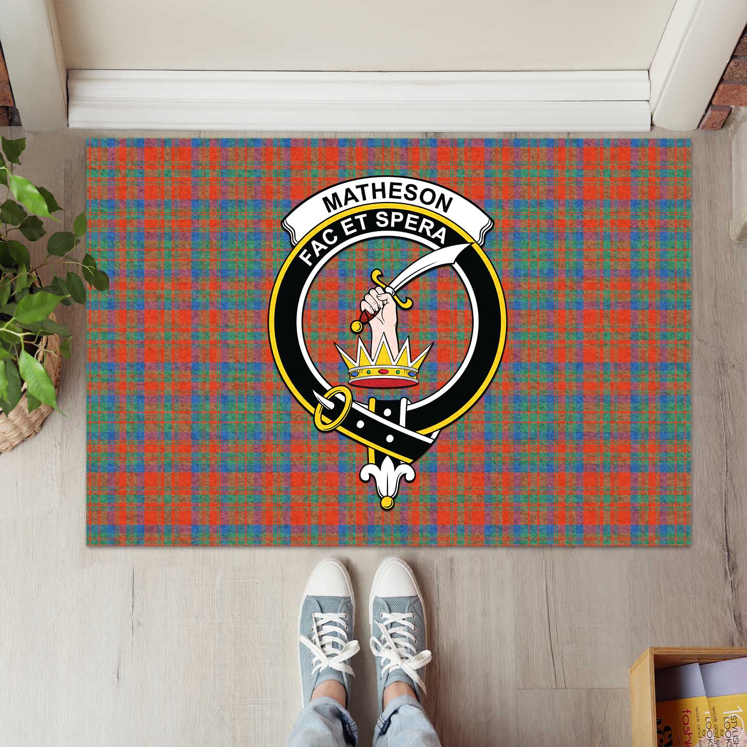 Matheson Ancient Tartan Door Mat with Family Crest - Tartanvibesclothing