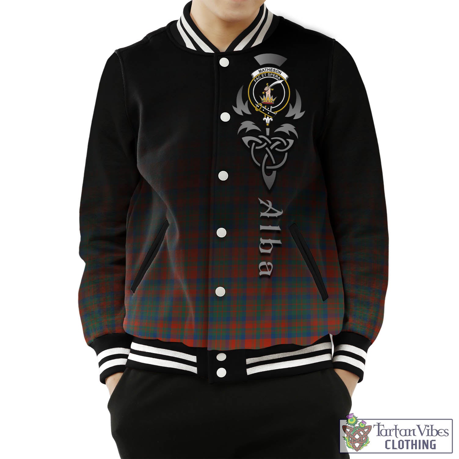 Tartan Vibes Clothing Matheson Ancient Tartan Baseball Jacket Featuring Alba Gu Brath Family Crest Celtic Inspired