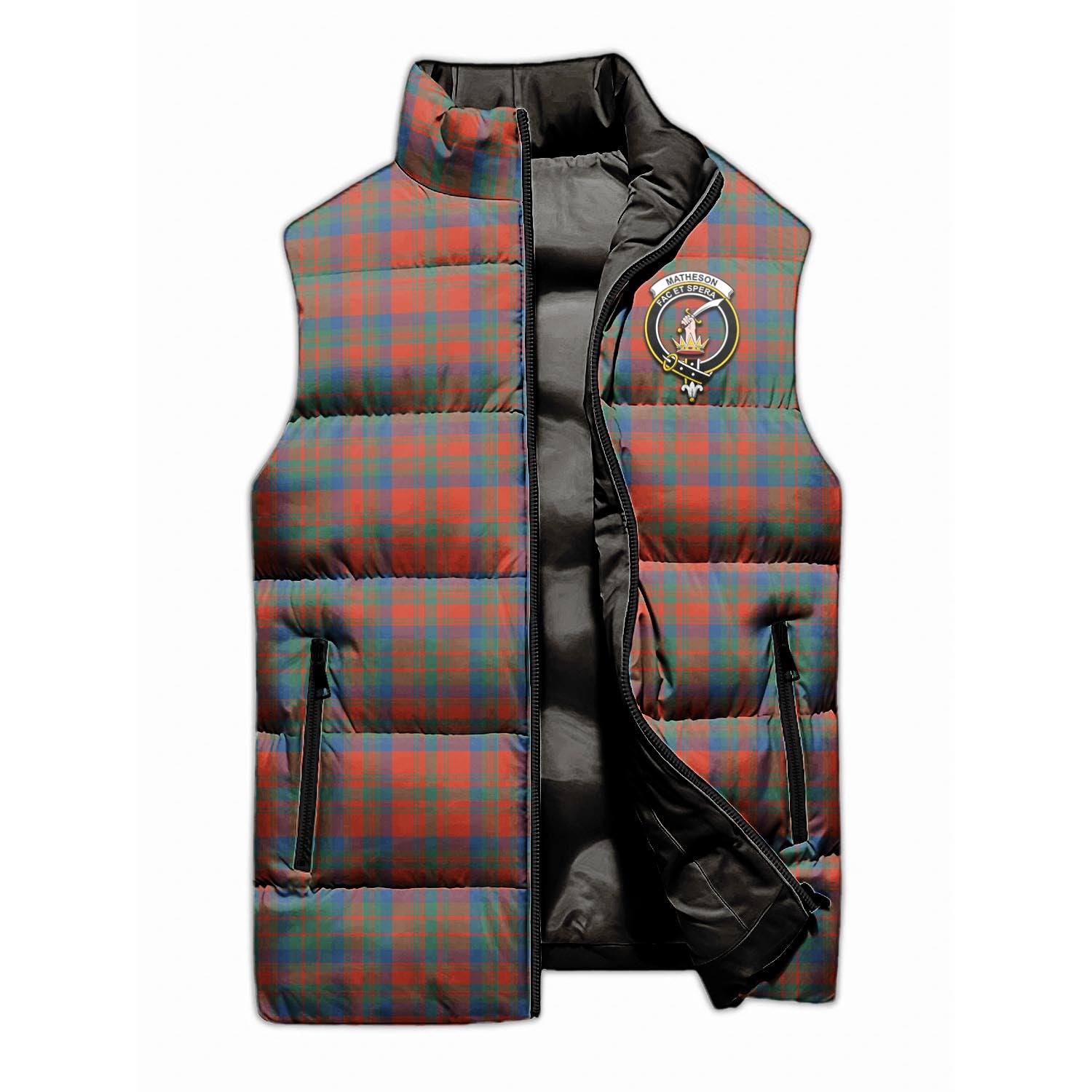 Matheson Ancient Tartan Sleeveless Puffer Jacket with Family Crest - Tartanvibesclothing