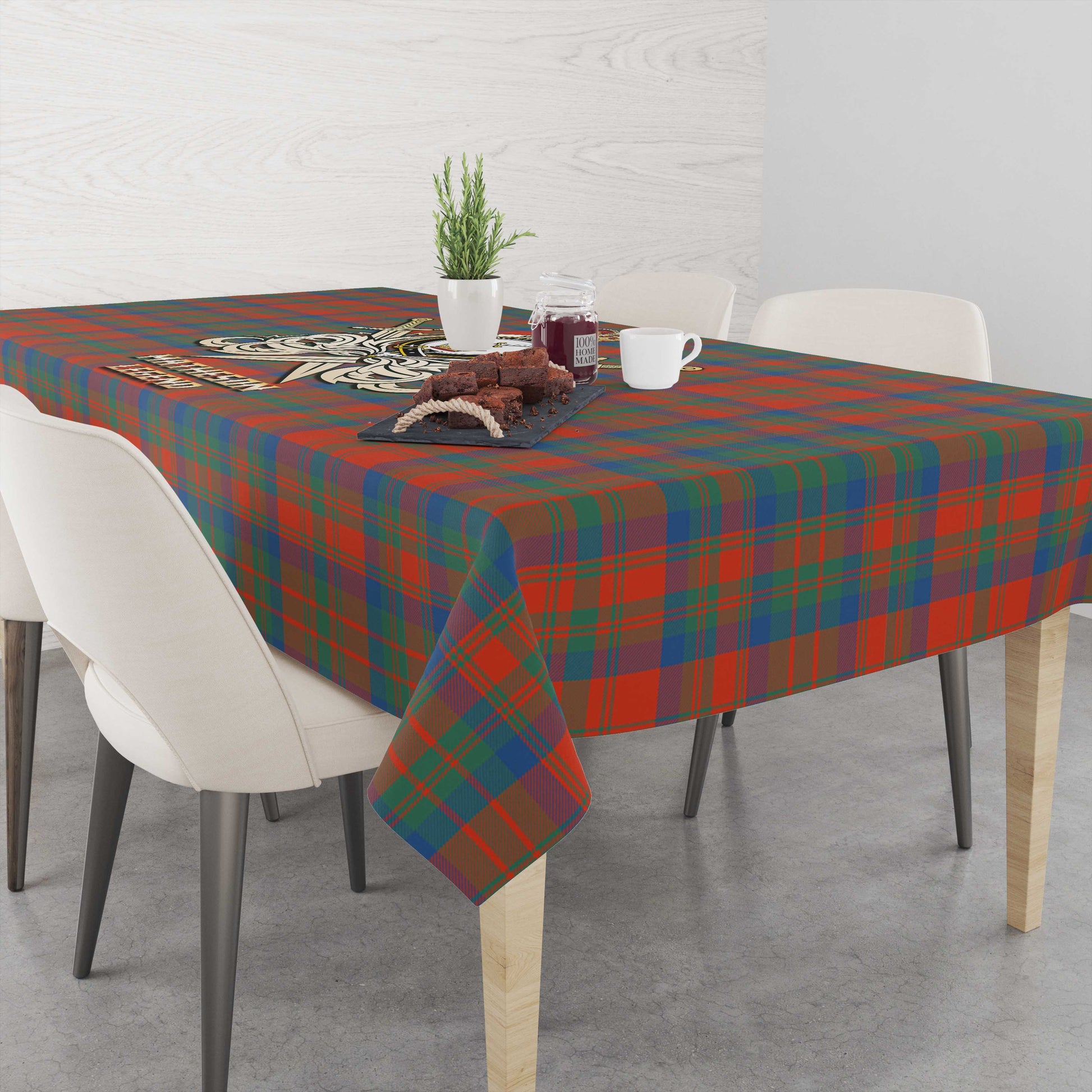 Tartan Vibes Clothing Matheson Ancient Tartan Tablecloth with Clan Crest and the Golden Sword of Courageous Legacy