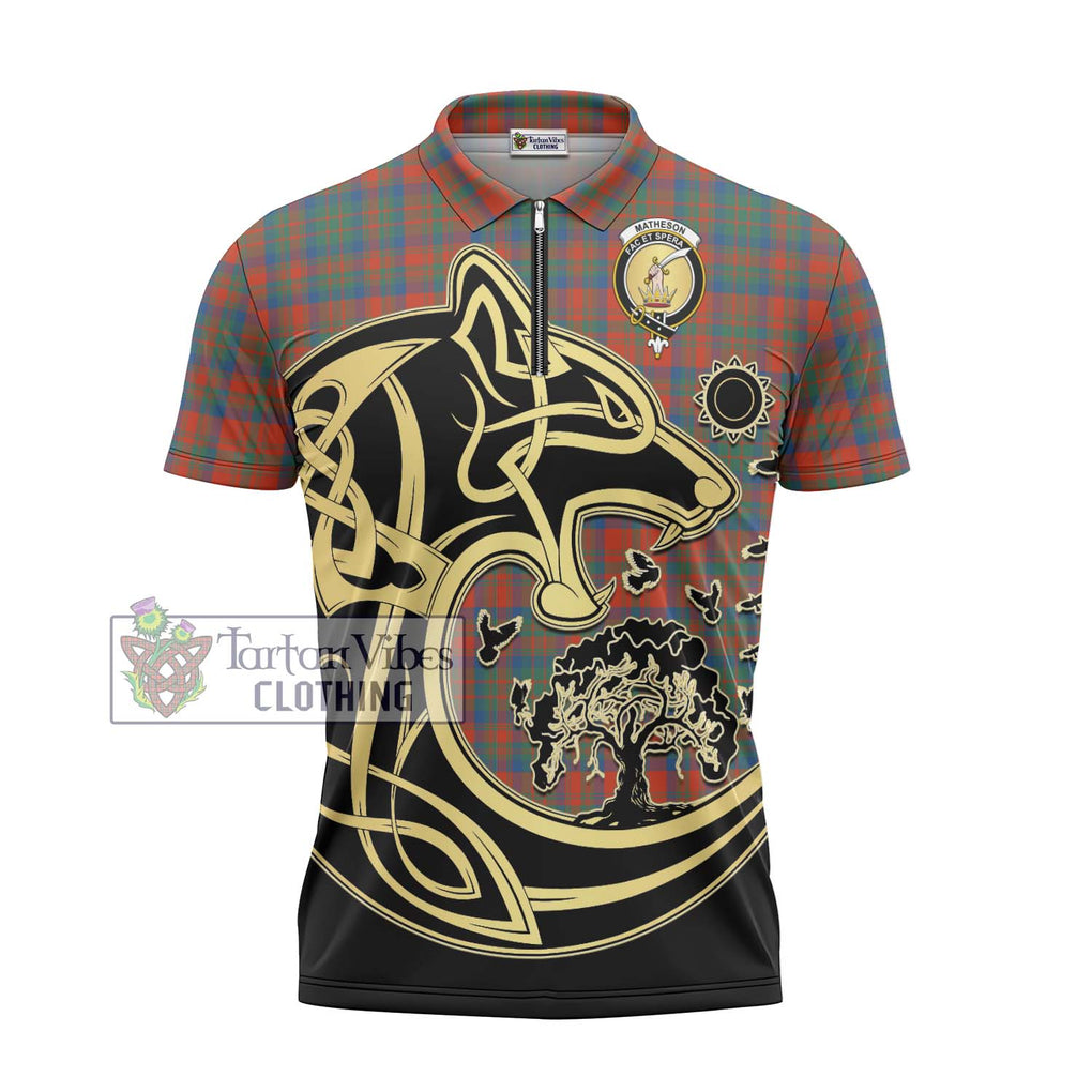 Matheson Ancient Tartan Zipper Polo Shirt with Family Crest Celtic Wolf Style - Tartanvibesclothing Shop