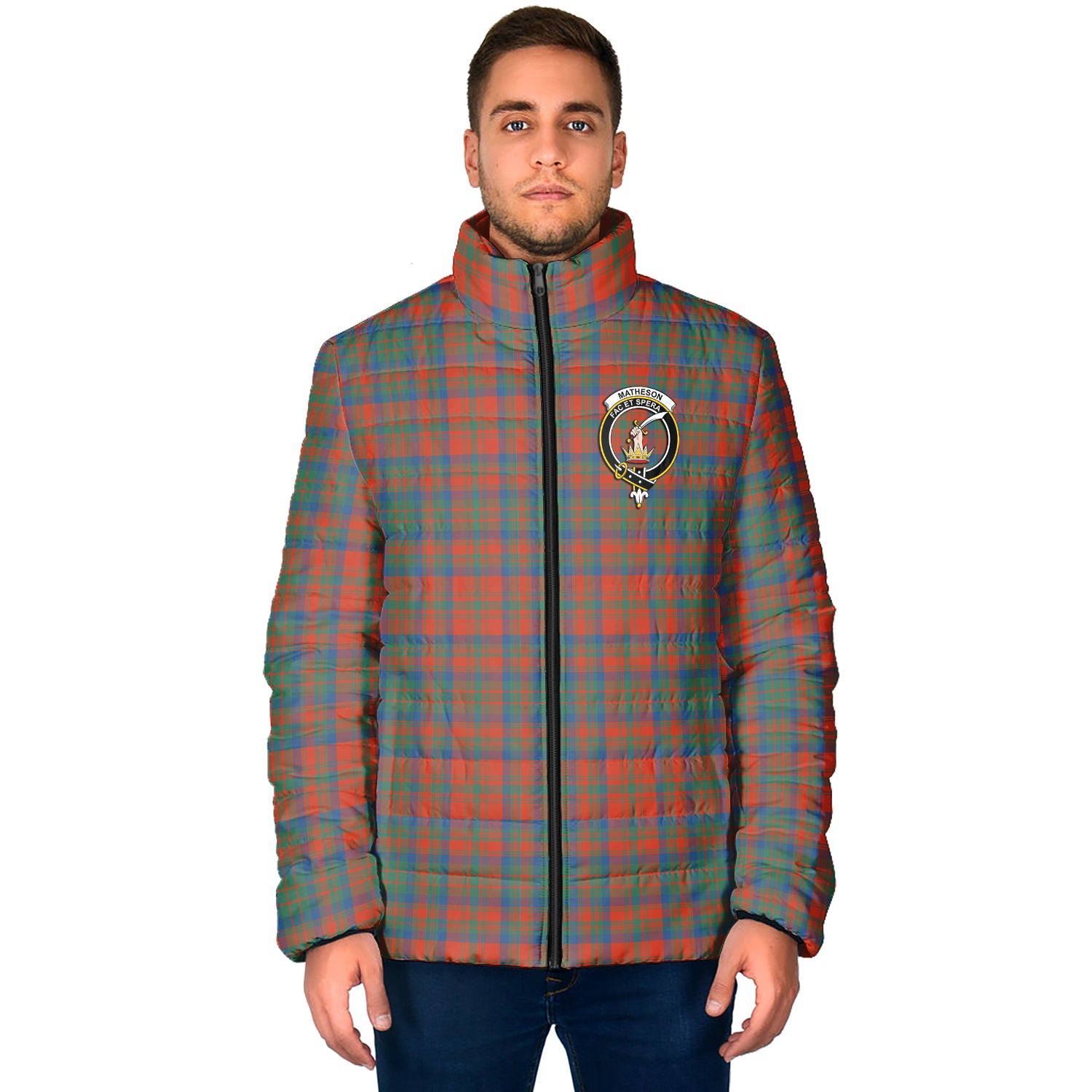 Matheson Ancient Tartan Padded Jacket with Family Crest - Tartan Vibes Clothing