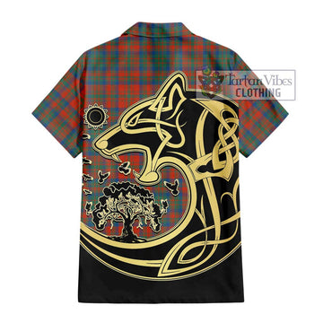 Matheson Ancient Tartan Short Sleeve Button Shirt with Family Crest Celtic Wolf Style