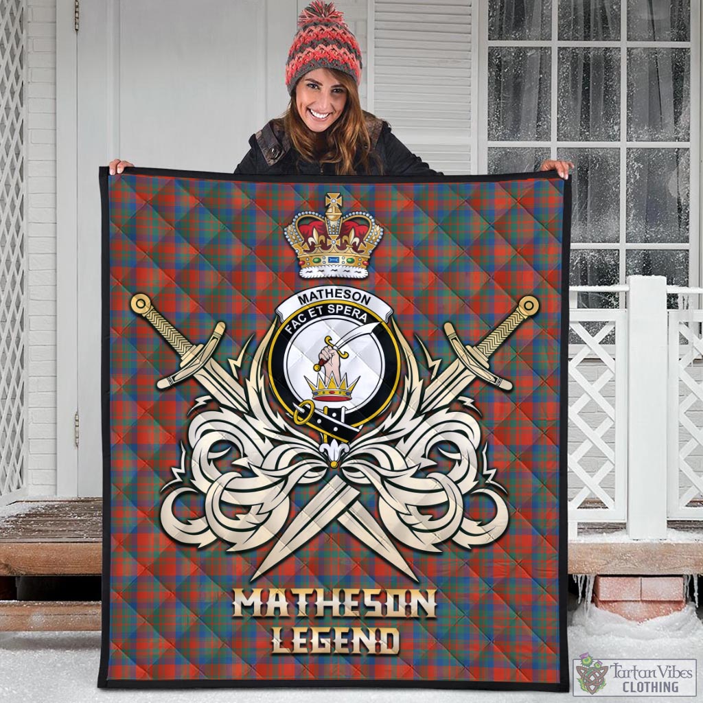 Tartan Vibes Clothing Matheson Ancient Tartan Quilt with Clan Crest and the Golden Sword of Courageous Legacy